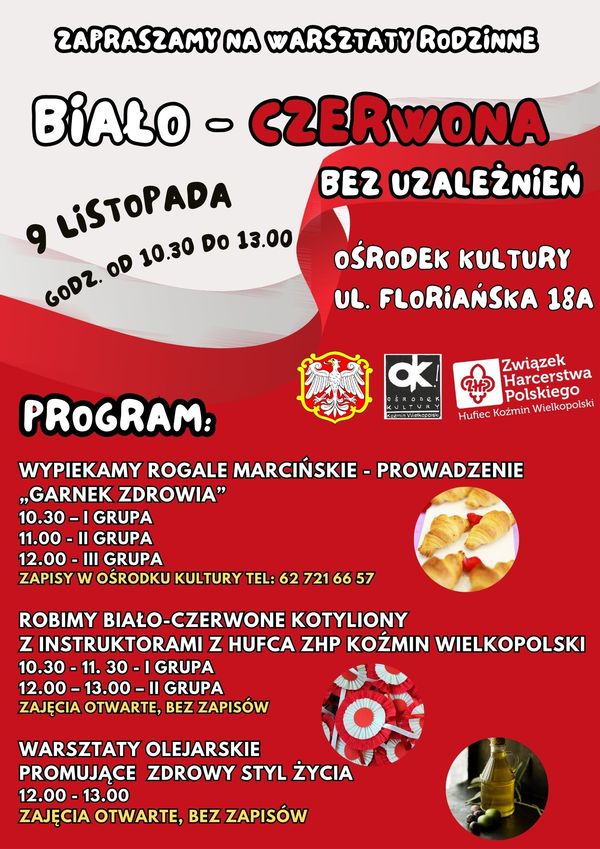 Na biało- czerwonym tle treść plakatu 